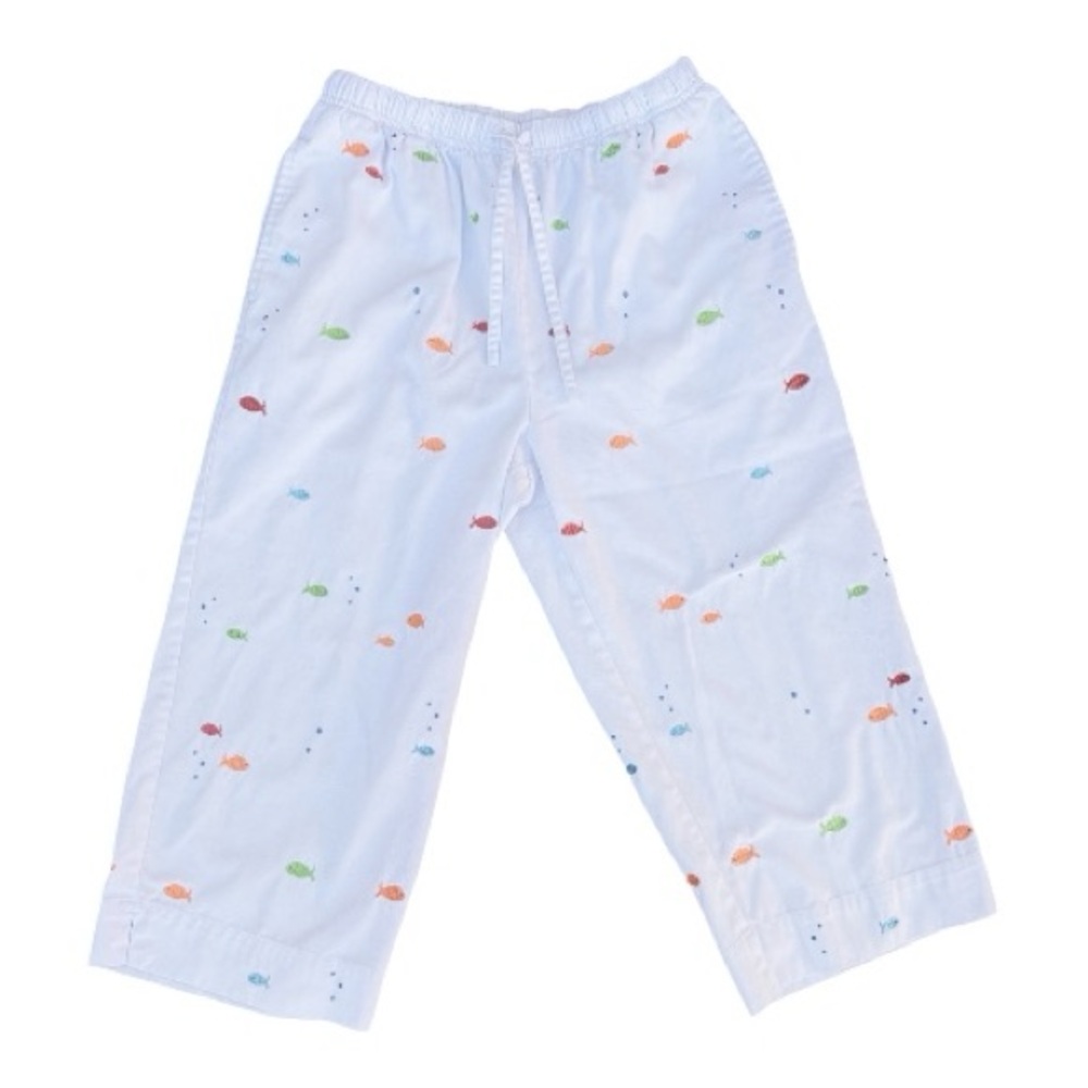 Breckenridge Fish Embroidery White Capri Pants, Pockets, Drawstring, Size 6
